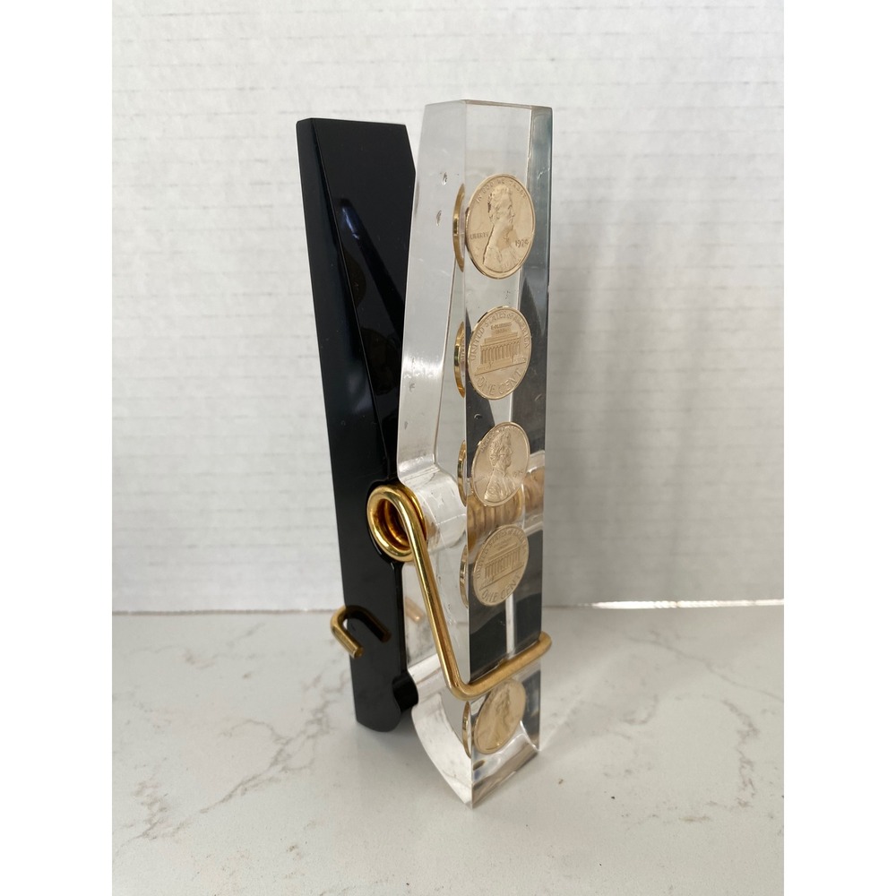 Vintage Lucite Clothespin Paperweight 1974 Pennies Black Clear Desk Clip 6 Inch